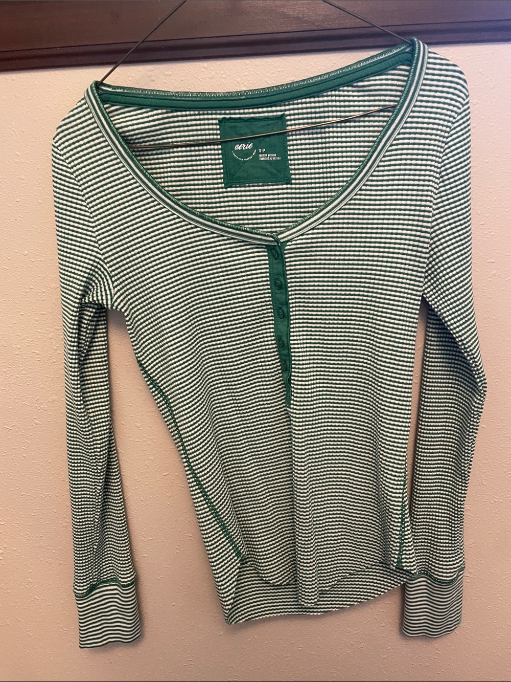 aerie Green and White Striped Henley Long Sleeve Top